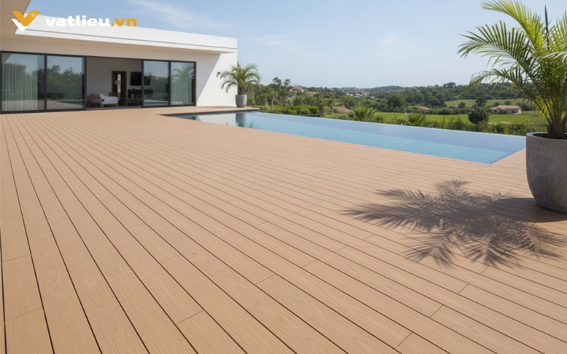 Sàn gỗ nhựa 2 lớp phủ Polymer màu vàng nhạt lót sàn hồ bơi Sàn gỗ nhựa 2 lớp phủ Polymer màu vàng nhạt lót sàn hồ bơi